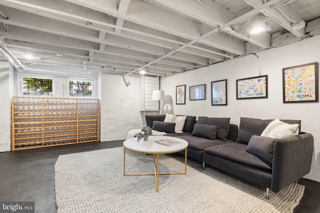 living room with concrete floors