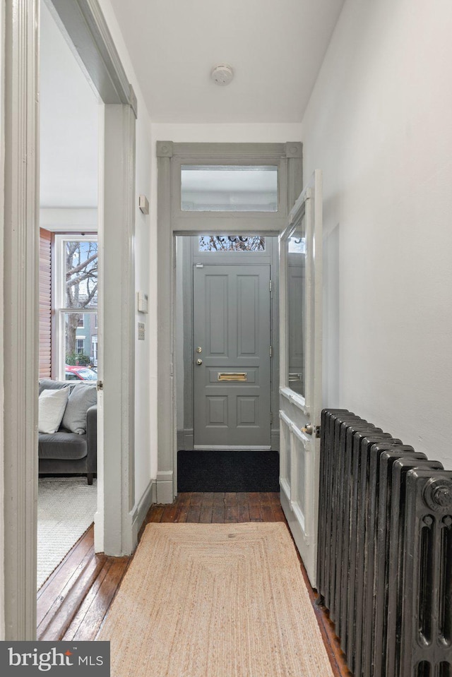 entryway with dark wood-type flooring and radiator