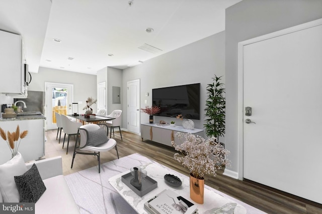 living room featuring electric panel, dark hardwood / wood-style floors, and sink