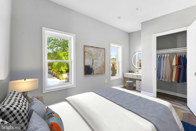 bedroom with multiple windows, a closet, and wood-type flooring