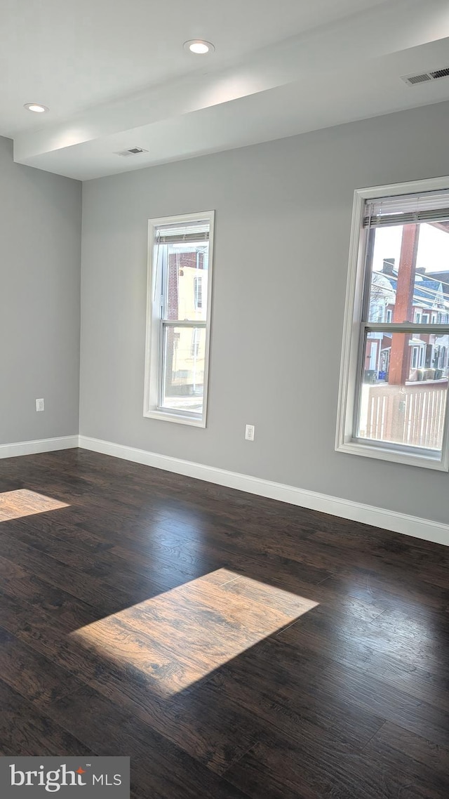 empty room featuring a healthy amount of sunlight and dark wood-type flooring