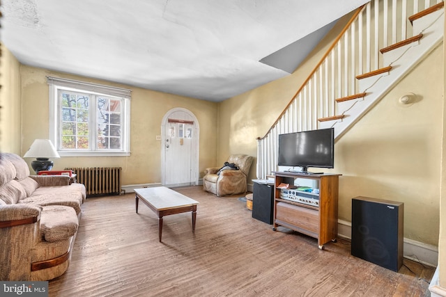 living room featuring wood-type flooring and radiator