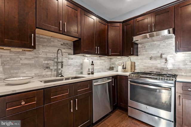 kitchen featuring backsplash, dark hardwood / wood-style flooring, sink, and stainless steel appliances