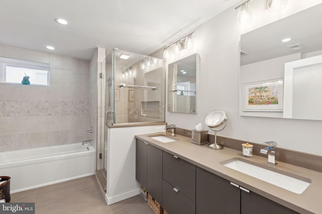 bathroom featuring vanity and plus walk in shower