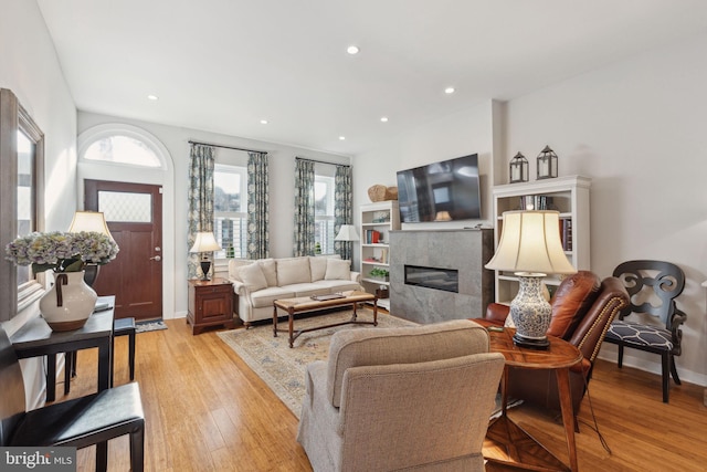 living room with light hardwood / wood-style flooring