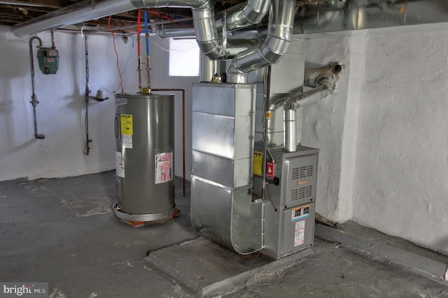 utility room with electric water heater and heating unit