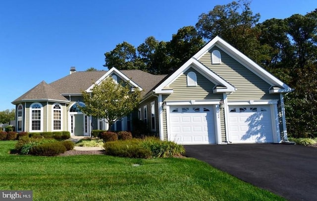 view of front facade with driveway, an attached garage, and a front yard