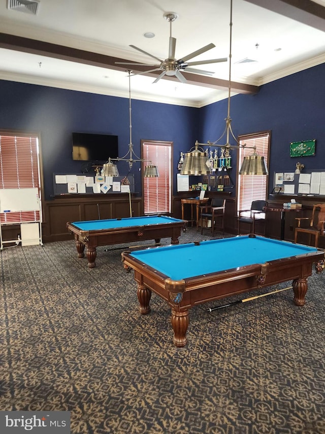 playroom with carpet flooring, billiards, visible vents, and crown molding