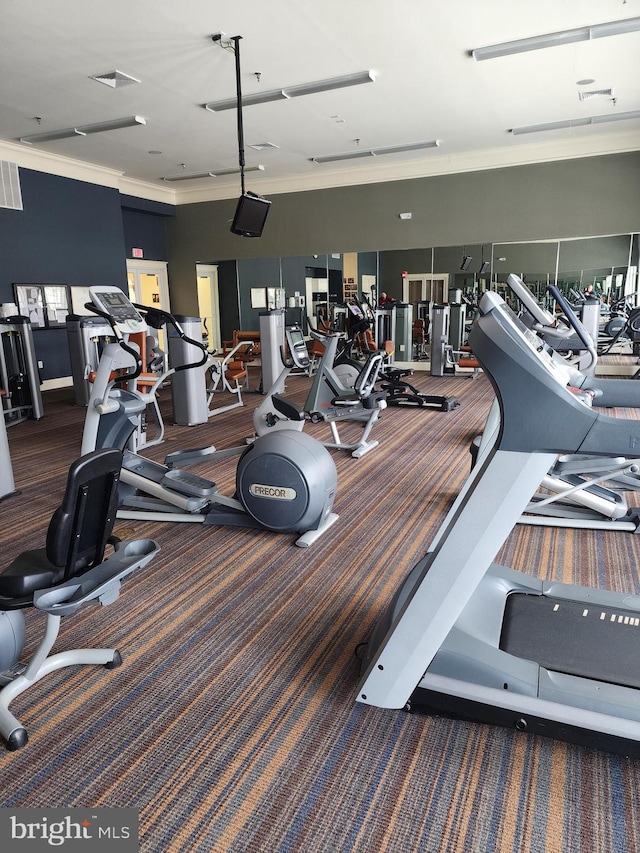 exercise room with visible vents, crown molding, and carpet flooring