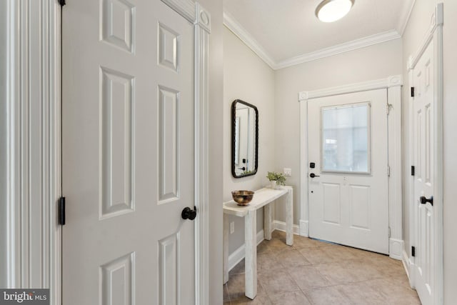 doorway with light tile patterned flooring, a textured ceiling, and crown molding