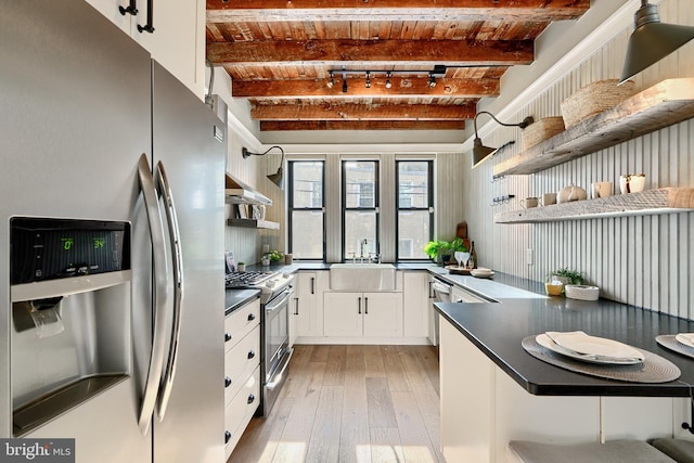 kitchen featuring wooden ceiling, beamed ceiling, light hardwood / wood-style floors, white cabinetry, and stainless steel appliances