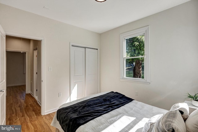 bedroom featuring light wood-type flooring and a closet