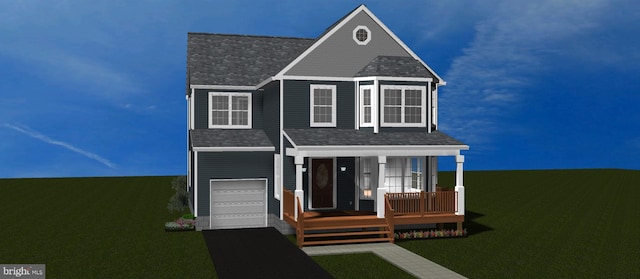 view of front of home featuring a garage, covered porch, driveway, and a shingled roof