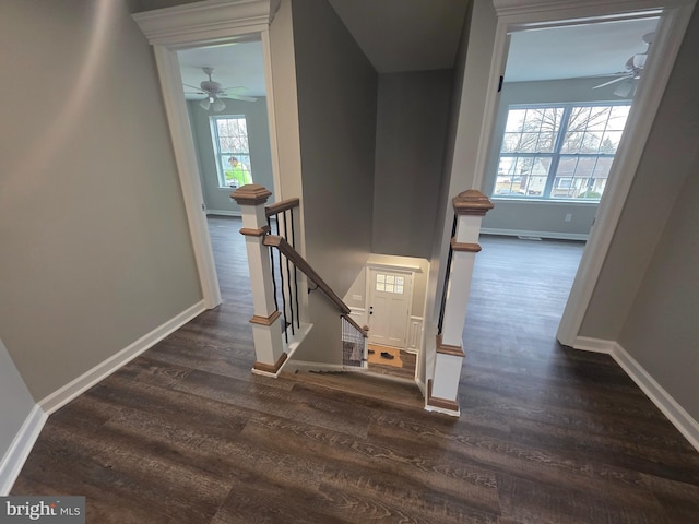 stairway with ceiling fan, baseboards, and wood finished floors