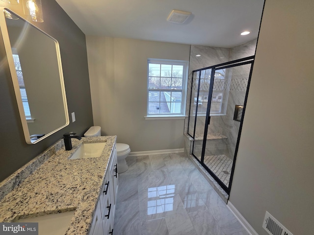 full bath featuring visible vents, marble finish floor, a shower stall, baseboards, and vanity