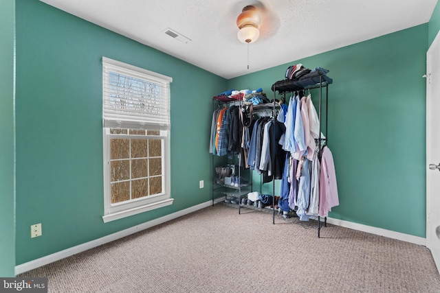 spacious closet with carpet floors and visible vents