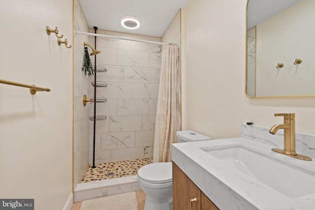 bathroom featuring toilet, vanity, and a shower with shower curtain