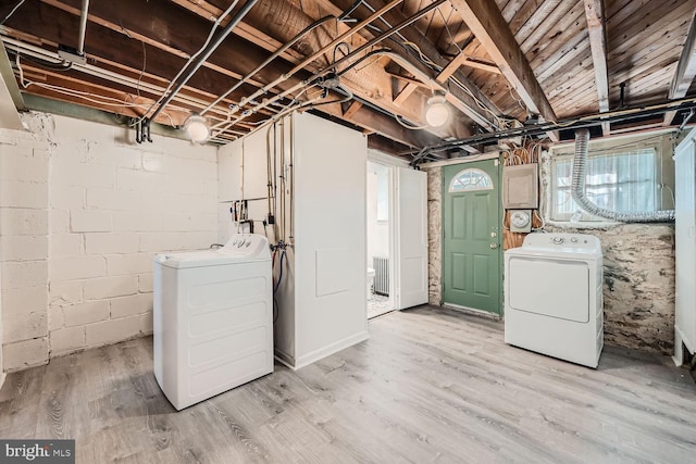 clothes washing area featuring washing machine and dryer and light wood-type flooring