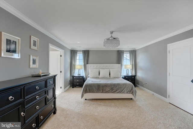 bedroom with light colored carpet, multiple windows, and ornamental molding