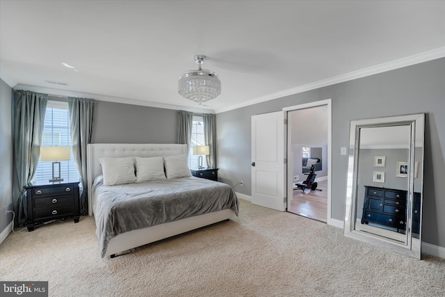 carpeted bedroom featuring an inviting chandelier, crown molding, and multiple windows