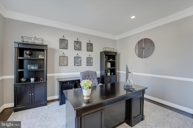 office space featuring crown molding and light hardwood / wood-style flooring