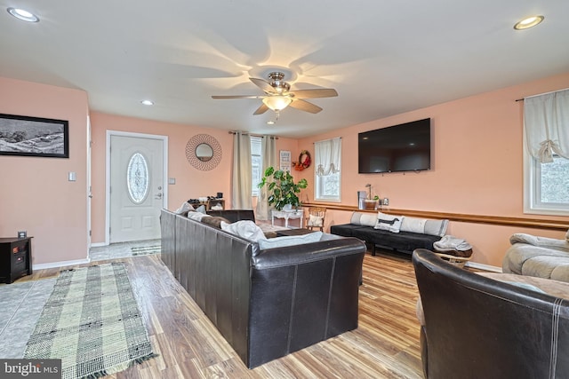 living room featuring ceiling fan and light hardwood / wood-style floors