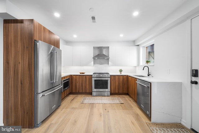 kitchen with backsplash, wall chimney exhaust hood, stainless steel appliances, sink, and white cabinets