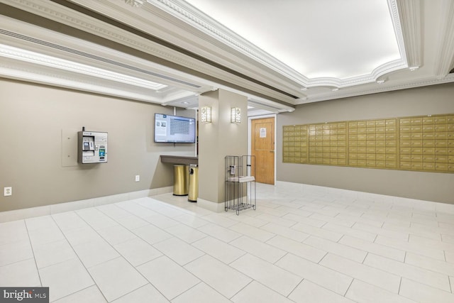 interior space featuring light tile patterned floors, crown molding, and mail boxes