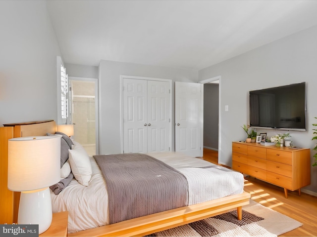 bedroom featuring hardwood / wood-style floors and a closet