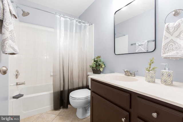 full bathroom featuring toilet, vanity, shower / bathtub combination with curtain, and tile patterned flooring