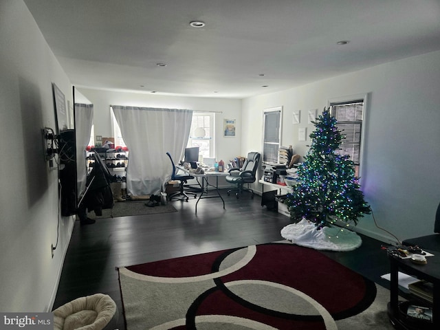 workout area with dark hardwood / wood-style floors