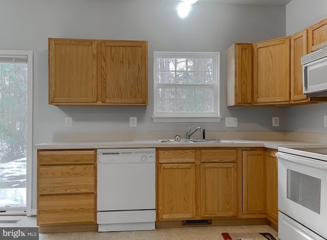 kitchen with sink, white appliances, and a healthy amount of sunlight