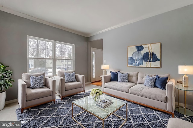 carpeted living room with crown molding