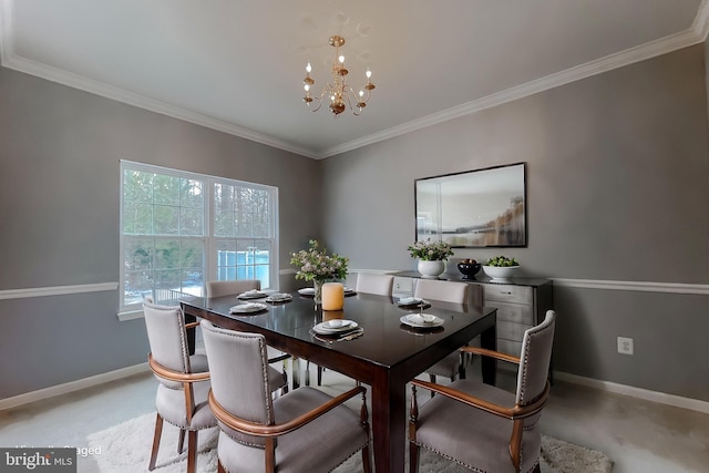 carpeted dining room with a chandelier and crown molding