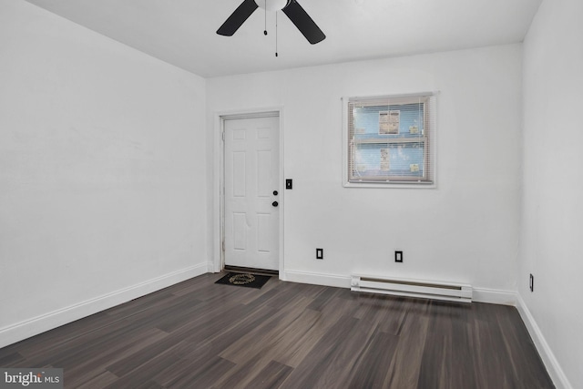 empty room with baseboard heating, ceiling fan, and dark hardwood / wood-style floors