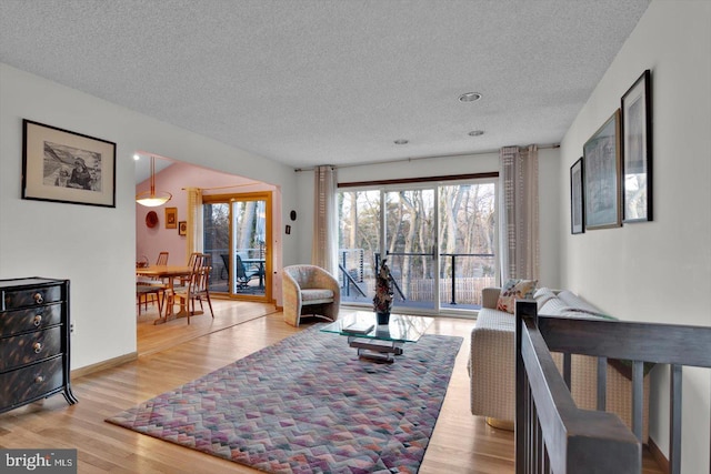 living room with a textured ceiling and light wood-type flooring