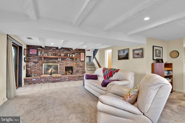 living room featuring light colored carpet, a brick fireplace, and beam ceiling