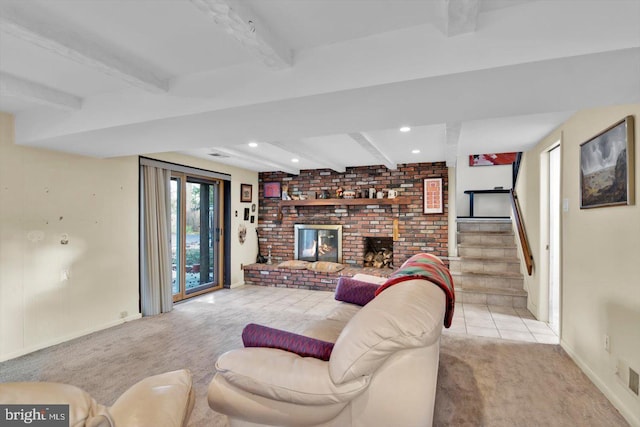 carpeted living room with a fireplace and beam ceiling