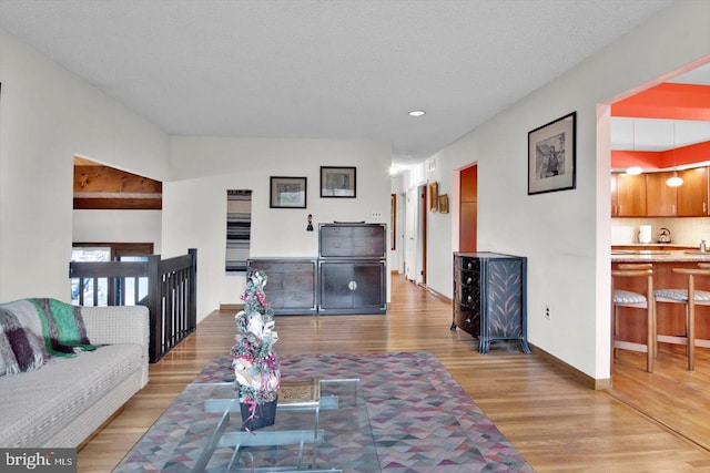 living room with a textured ceiling and wood-type flooring