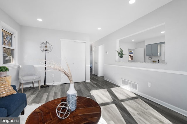 living area with dark wood-type flooring