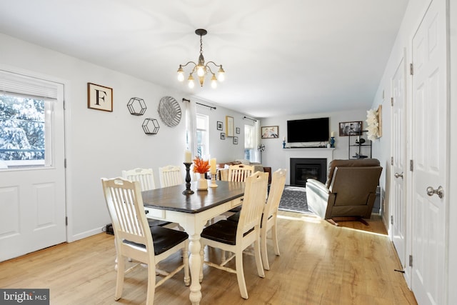 dining space with a chandelier and light hardwood / wood-style flooring