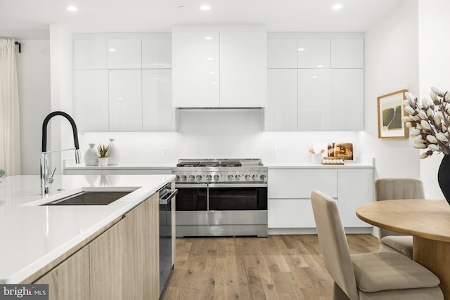 kitchen with light wood-type flooring, sink, stainless steel appliances, and white cabinetry