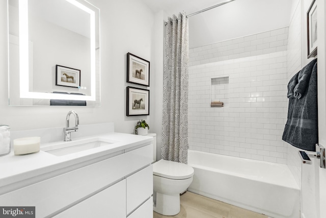 full bathroom with toilet, vanity, shower / bath combination with curtain, and hardwood / wood-style flooring