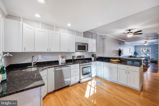 kitchen featuring stainless steel appliances, sink, white cabinets, and kitchen peninsula