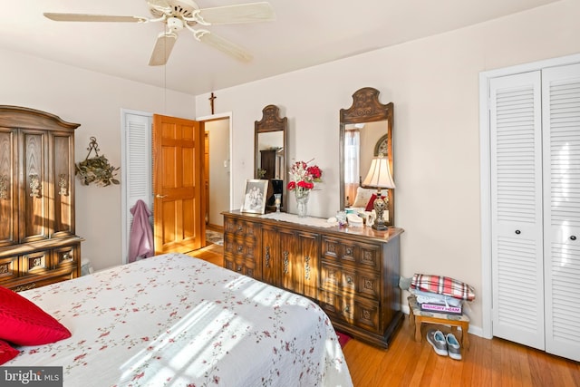 bedroom featuring ceiling fan and light hardwood / wood-style floors