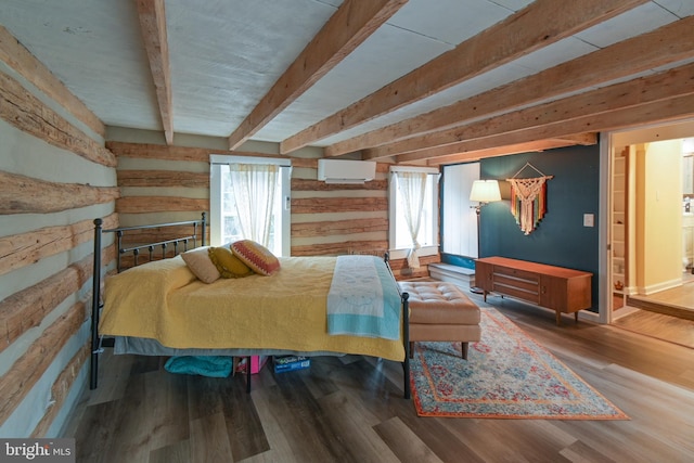 bedroom featuring wood walls, a wall mounted AC, beam ceiling, and wood finished floors