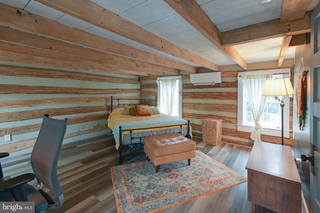 bedroom featuring a wall mounted AC, beamed ceiling, wooden walls, and wood finished floors