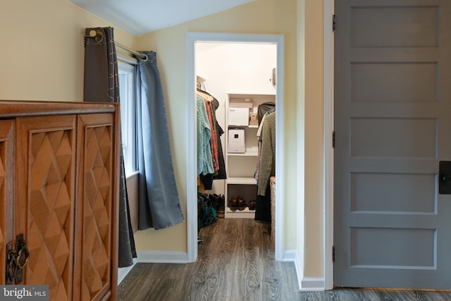 spacious closet featuring lofted ceiling and wood finished floors