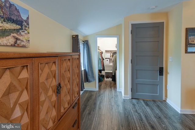 entrance foyer featuring lofted ceiling, dark wood finished floors, and baseboards