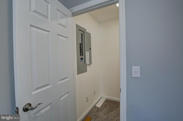 hall with electric panel and carpet floors